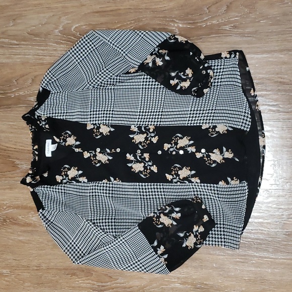 (S) Calvin Klein Floral Sheer Overlay Houndstooth Statement Sleeve Blouse Ruffle - Picture 1 of 9